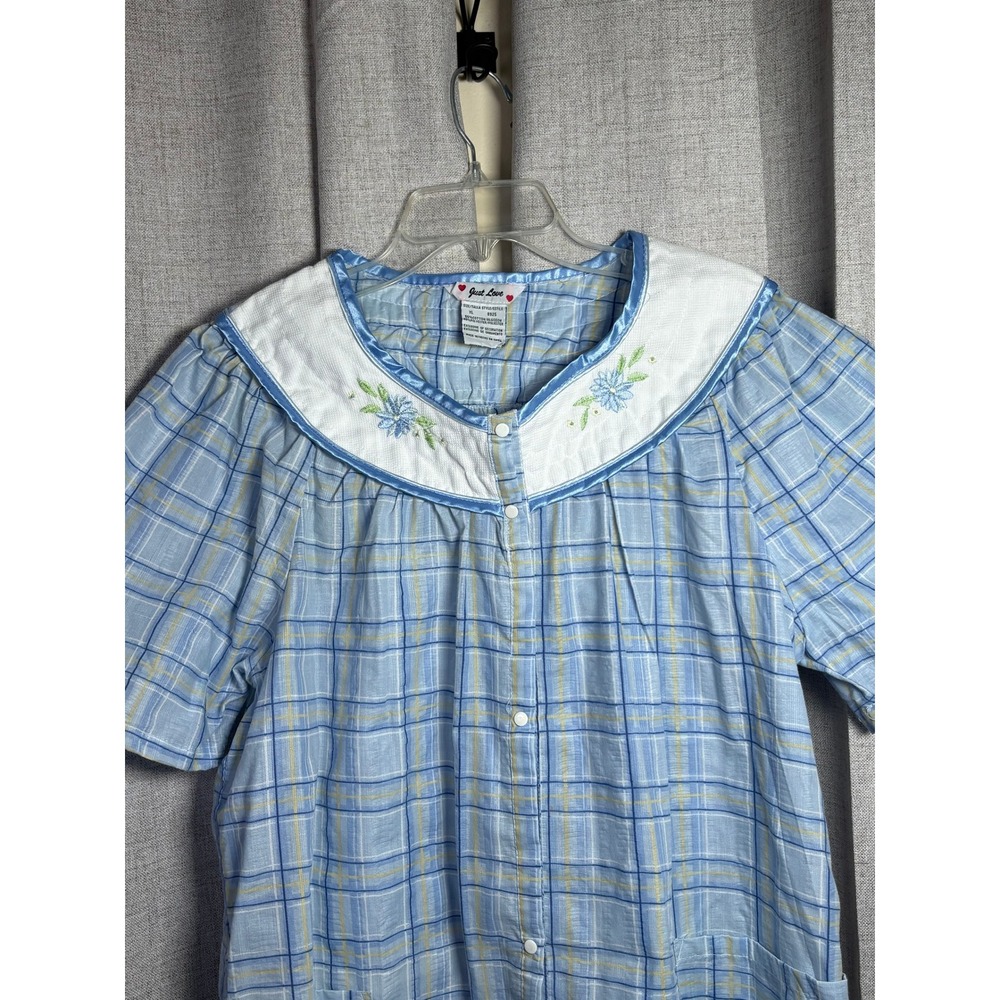 Just Love Blue Plaid House Dress Snap Front Duster Floral Embroidered XL 8925